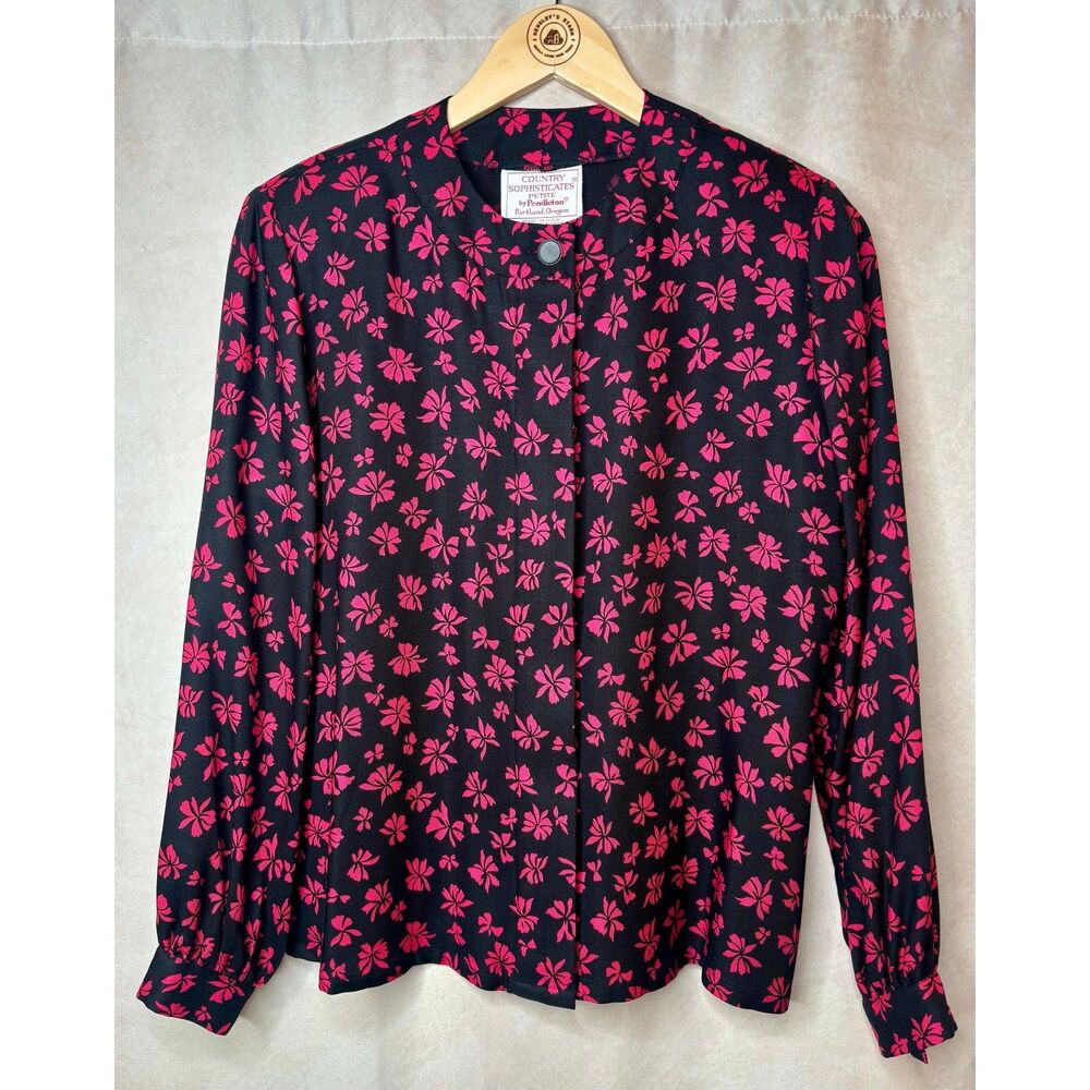 Vintage Pendleton Country Floral Blouse Size 8 Petite Pink Black Button Up Rayon